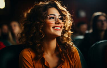 Fototapeta premium A woman with curly hair and glasses is smiling at the camera. She is sitting in a theater, surrounded by other people
