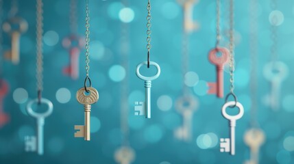 A conceptual image of multiple keys hanging on a wall, each labeled with attributes like determination, perseverance, and vision, symbolizing the diverse qualities needed for success.