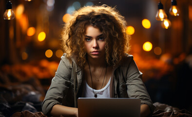 A woman with curly hair is sitting on a bed and using a laptop. The image has a moody and somewhat mysterious feel to it