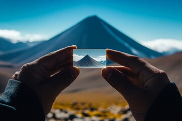 A person holds a small object in front of a distant mountain, creating a forced perspective illusion