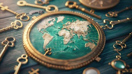 Obraz premium A mystical composition depicting a mystical composition depicting an ancient map surrounded by antique keys, suggesting a quest for hidden treasures and ancient mysteries.