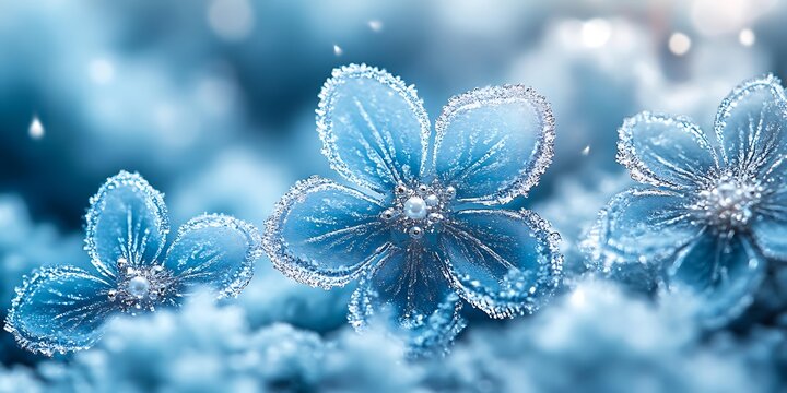 Delicate frosty blue flowers with sparkling edges, ideal for winter-themed greeting cards, seasonal marketing materials, and nature-inspired designs,
