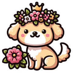 cute dog with flower crown cartoon vector icon illustration