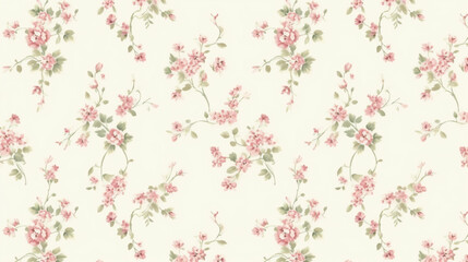 Fototapeta premium A vintage pink and green small floral pattern on a cream background.seamless wallpaper, patterns, background, backdrop, wallpaper 