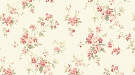 A vintage pink and green small floral pattern on a cream background.seamless wallpaper, patterns, background, backdrop, wallpaper 