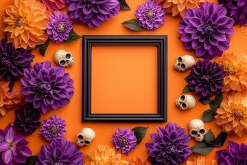 big golden baroque empty frame with lots of purple and gold dahlia flowers, gold skulls in the corners surrounding an empty picture frame 