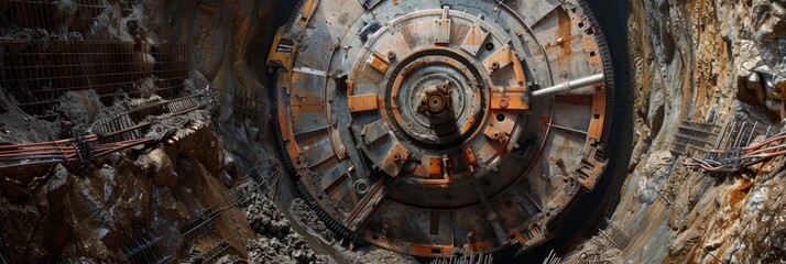 Obraz premium Close-up view of a tunnel boring machine cutter head during ongoing metro construction.