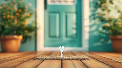 A key placed on a doormat in front of a residential door, symbolizing the concept of homeownership and access.