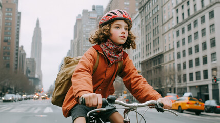 Teen boy with a patterned bandana, biking through the city, [Colors + Teen + Patterns], [Urban Adventure]