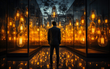 A man stands in front of a room full of light bulbs. The scene gives off a feeling of mystery and intrigue