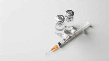 Two empty vials lying on a white background, with an empty syringe lying next to them