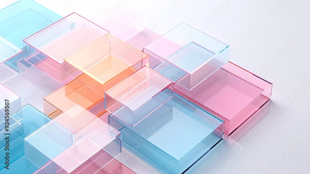 Poster a vibrant 3d background with layered, translucent shapes overlapping to create depth. the compositio