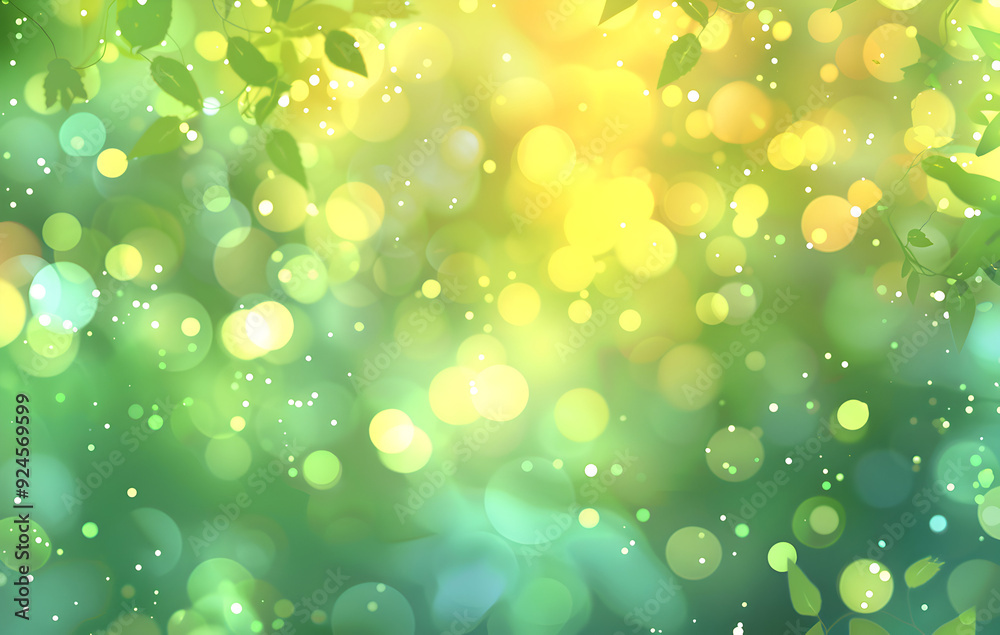 Sticker abstract background with green and yellow bokeh effect and foliage.