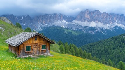 Obraz premium A Wooden Cabin Nestled in a Mountain Meadow with a Mountain Range in the Background