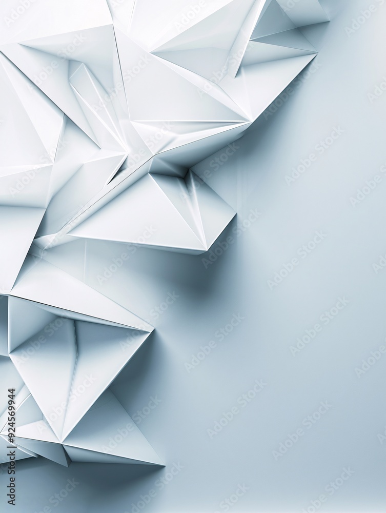 Poster an abstract 3d background with layered, polygonal shapes and subtle lighting effects. ample copy spa