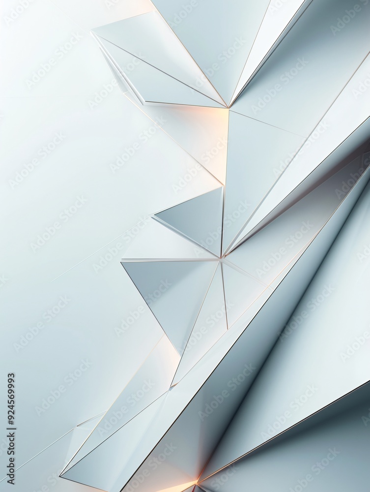 Poster an abstract 3d background with layered, polygonal shapes and subtle lighting effects. ample copy spa