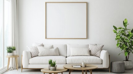 White Sofa with Wooden Frame, Two Round Coffee Tables, Plants, and a Large Blank Canvas