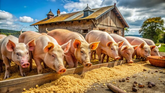 A group of pigs gather around a trough, eagerly feeding on grain in a rustic, natural setting of a traditional rural farm's livestock area.
