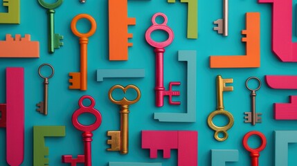 An abstract composition featuring multiple keys of different shapes and sizes scattered around a labyrinthine pattern, symbolizing choices and paths in life.