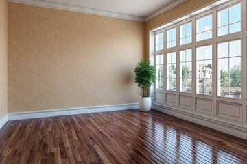 Fototapeta premium Inviting Interior Area Mockup on a Sand-Colored Wall with Polished Wooden Flooring and Ample Windows