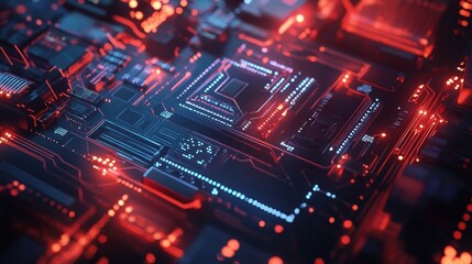 Obraz premium Close-up of a Motherboard with Red and Blue Lights