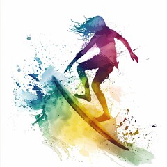 Naklejka premium artwork depicts a surfer in action, surrounded by bold, colorful splashes that emphasize motion and intensity against a white backdrop.
