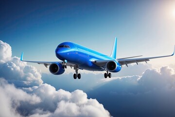 Fototapeta premium Sleek Blue Commercial Jet Flying Through Clouds Against an Azure Background in 3D Rendering