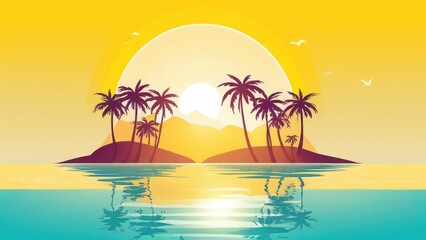 Fototapeta premium A vibrant sunset behind a small tropical island with palm trees, casting a golden reflection on calm ocean waters, set against a warm, yellow-orange sky