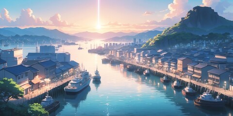 Fototapeta premium Soft pastel anime style of breathtaking panoramic view of a harbor background