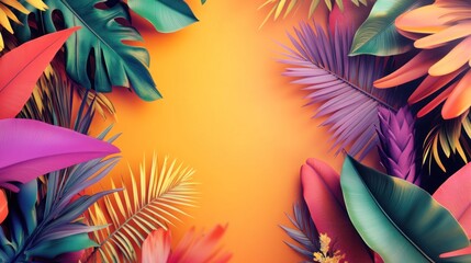 Tropical Leaves Border with Orange Background