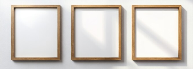 Three Empty Wooden Picture Frames on a White Wall