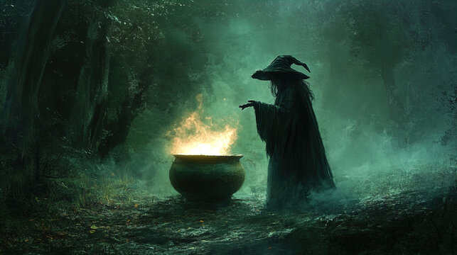 A dark, eerie scene features a lone figure dressed in tattered, dark robes and a pointed hat, resembling a witch. The figure stands in a dense, foggy forest, surrounded by tall, shadowy trees and thic