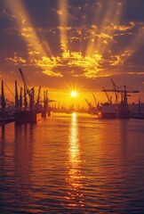 Golden hour light over the harbor during sunset, casting warm hues on the water and creating a serene atmosphere with ships and cranes silhouetted against the sky