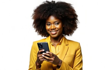  Portrait of a cheerful African American woman in a yellow jacket, holding a cell phone against a white background.