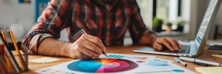 A designer uses colorful markers to fill in a color wheel on paper, with a laptop close by in a well-lit, organized workspace.