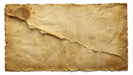 Faded, worn, and torn vintage paper with a ripped corner, featuring a intricate texture, aged creases, and subtle tears, evoking a sense of nostalgia and decay.