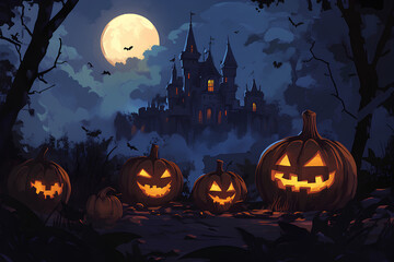 Fototapeta premium Spooky halloween illustration, pumpkins castle, dark, cartoon style, 3d Rendering. generative AI