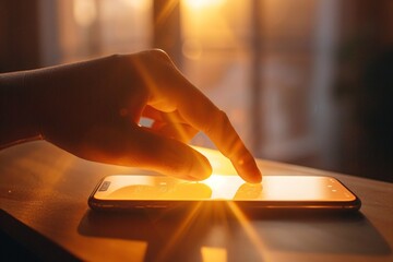 Macro shot of finger tapping mobile device against cozy backdrop.
