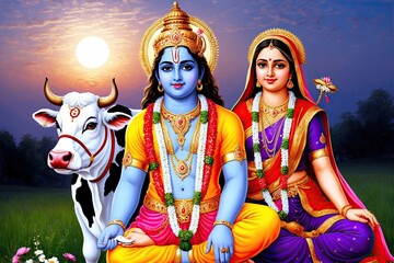 Fototapeta premium Hopeful Krishna Portrait with Radha and a Cow at Dawn