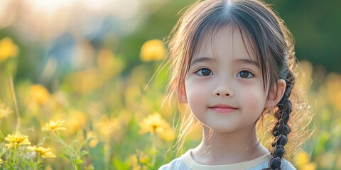 Fototapeta premium Adorable young girl in a playground, captured in a gentle blur with ample space for text.