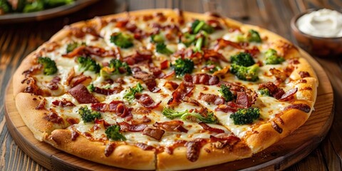 Cheese Pizza Topped with Bacon and Broccoli on a Circular Wooden Cutting Board
