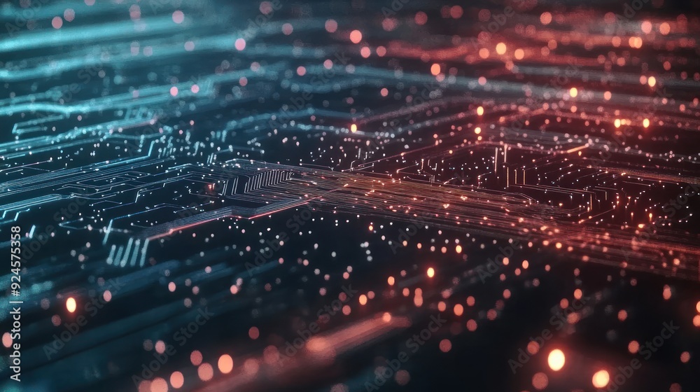 Poster Abstract Digital Circuitry with Glowing Lines and Bokeh Lights
