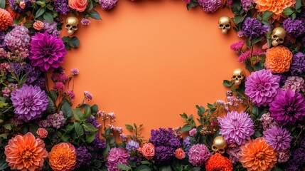 big golden baroque empty frame with lots of purple and gold dahlia flowers, gold skulls in the corners surrounding an empty picture frame 
