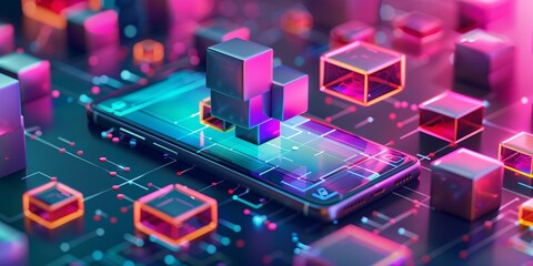 3D image of gamification with a physical-digital mix, interactive phone with rewards, targets, and pixels for gamified interactions, combining online and offline engagement through mobile gaming.