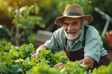 Horticulture. Elderly gentleman tending to flora in his yard. Pastime and recreation.
