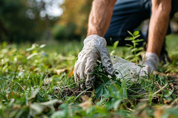 A helping individual and volunteer use plastic to gather debris at a park for community service, promoting a clean and healthy environment through charitable efforts.