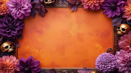 big golden baroque empty frame with lots of purple and gold dahlia flowers, gold skulls in the corners surrounding an empty picture frame 