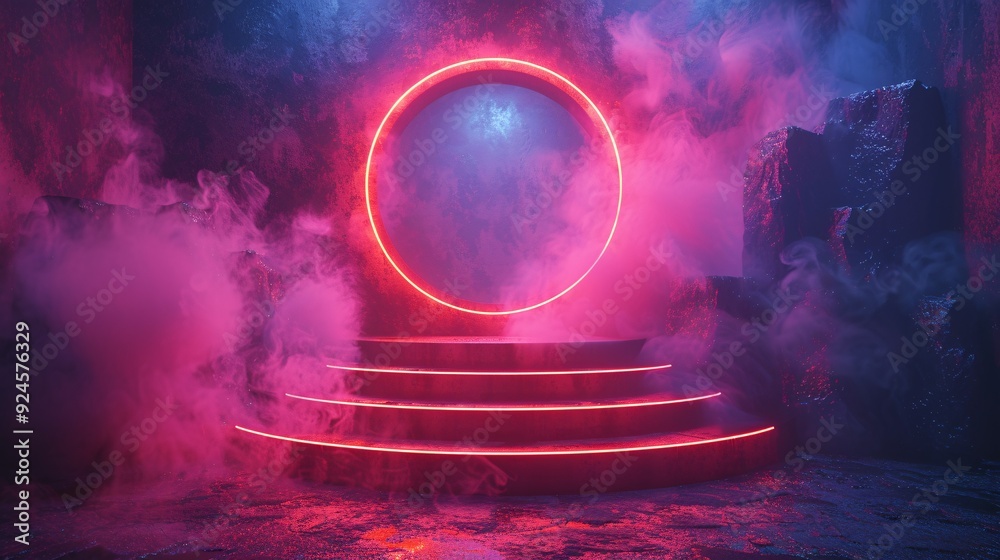 Canvas Prints enigmatic futuristic portal enveloped in mist, circular luminescent teleportation device with neon i