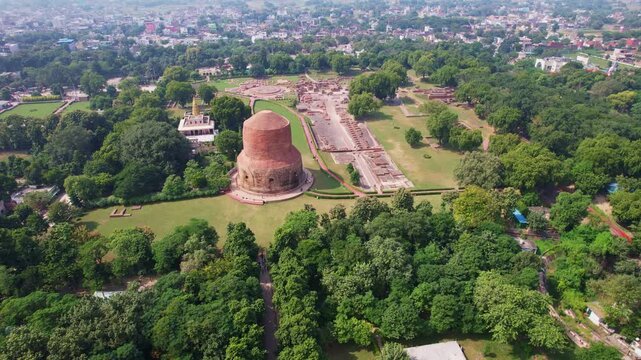 aerial view of Sarnath temple Varanasi, set amidst lush greenery and landscaped gardens. India