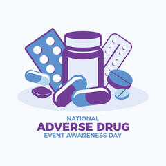 National Adverse Drug Event Awareness Day poster vector illustration. Pill bottle, drugs, blister pack, medications icon set vector. Template for background, banner, card. March 24 each year